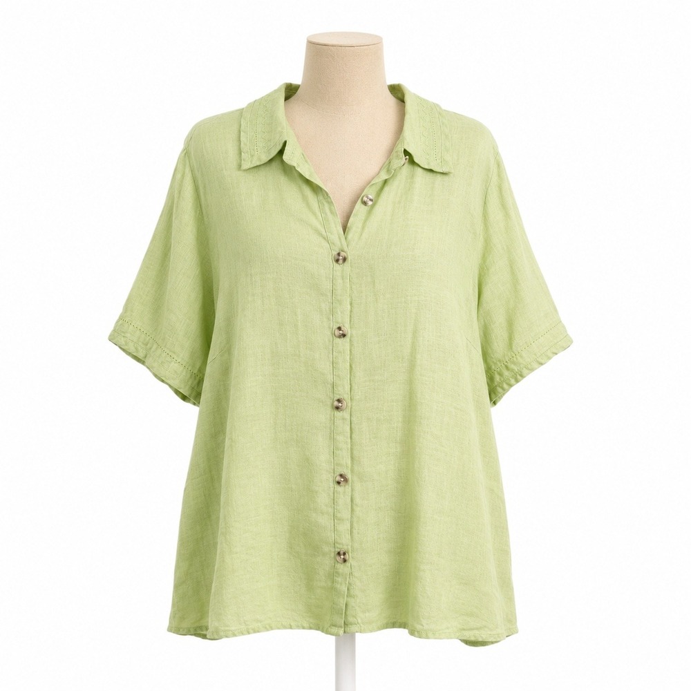 100% Linen Embroidered Short Sleeve Button Top Size‎ 14 Light Green Coastal Flax